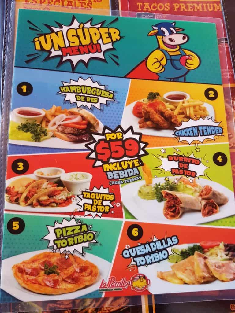 colourful kids' menu in Spanish Pics of burgers, pizza, burrios and tacos