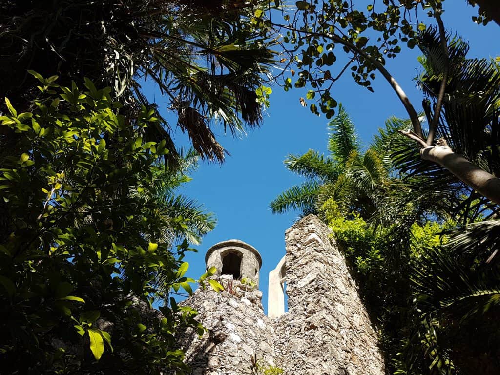 looking up at 500 year old walls and ramparts. trees all around, blue sky