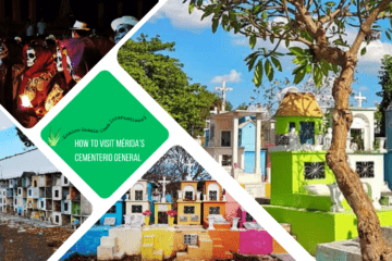 green text box: how to visit Mérida's cementerio general. 4 photos of the cemetery