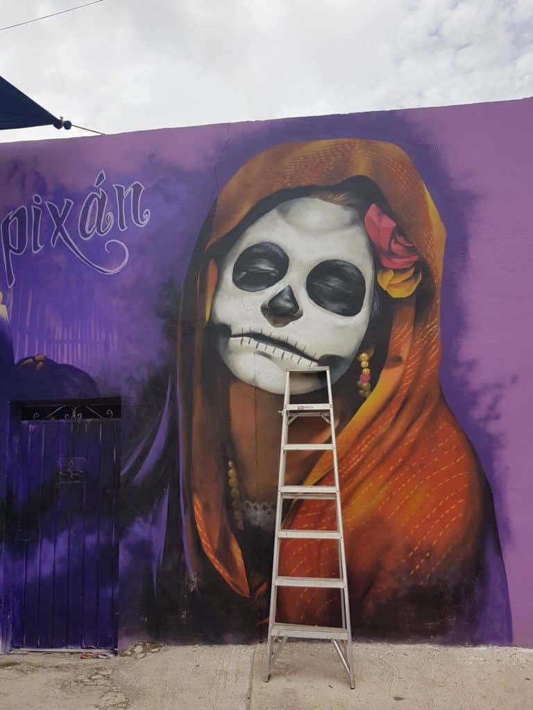 mural of a woman with calavera skull) face paint