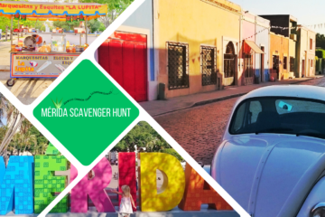 green square with text in white: Mérida scavenger hunt. 4 partial photos: bottom two split show the Mérida city letters, top left shows a marquesita stall, main photo shows a white VW parked on an empty street with colourful houses around
