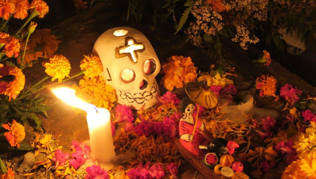 Skull and candles surrounded by flowers