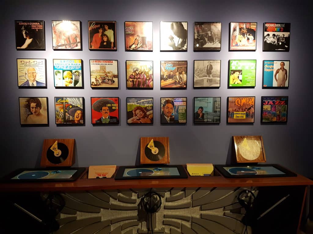 record covers on a wall display