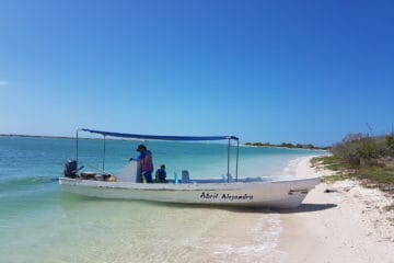 beautiful beach, white boat, blue sky