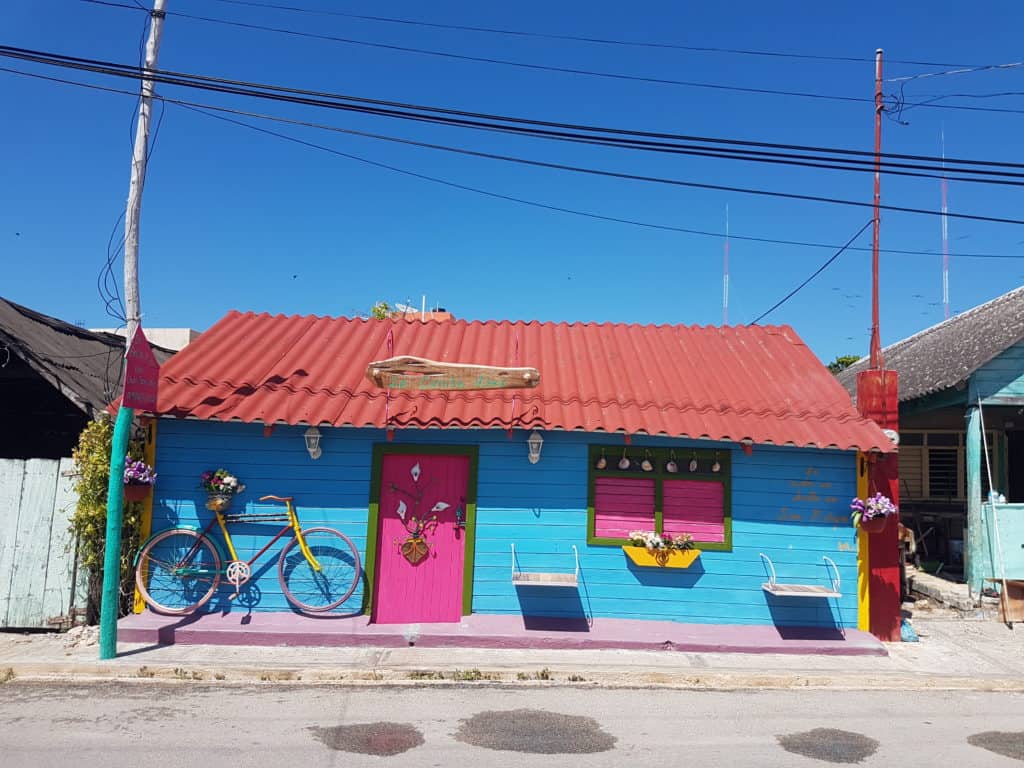 small wooden house, bright blue with pink door and window. Red roof and bicycle by front door