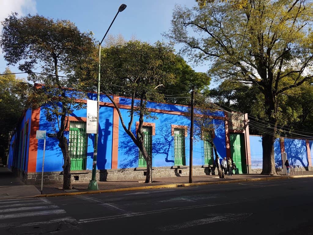 Frida Kahlo's house: blue house across road with trees in front