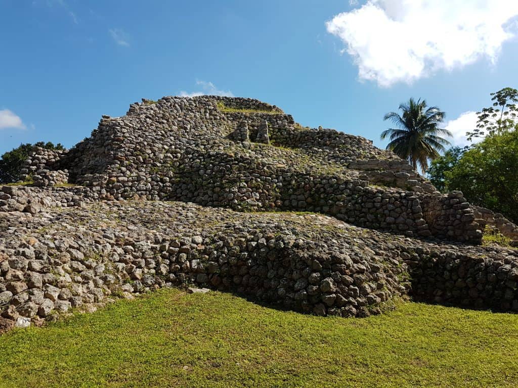 pyramid (Maya), blue sky, green grass