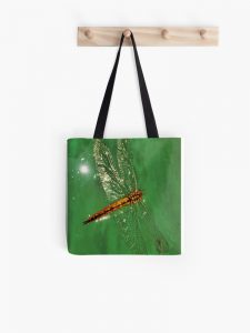 tote bag hanging from peg. Green bag, black background, dragonfly sparkling
