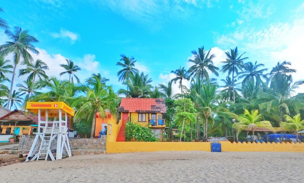 beach house, palms, yellow wall