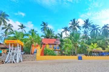 beach house, palms, yellow wall