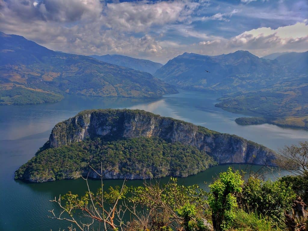 looking down on the sumidero canyon, island in the middle of the lake