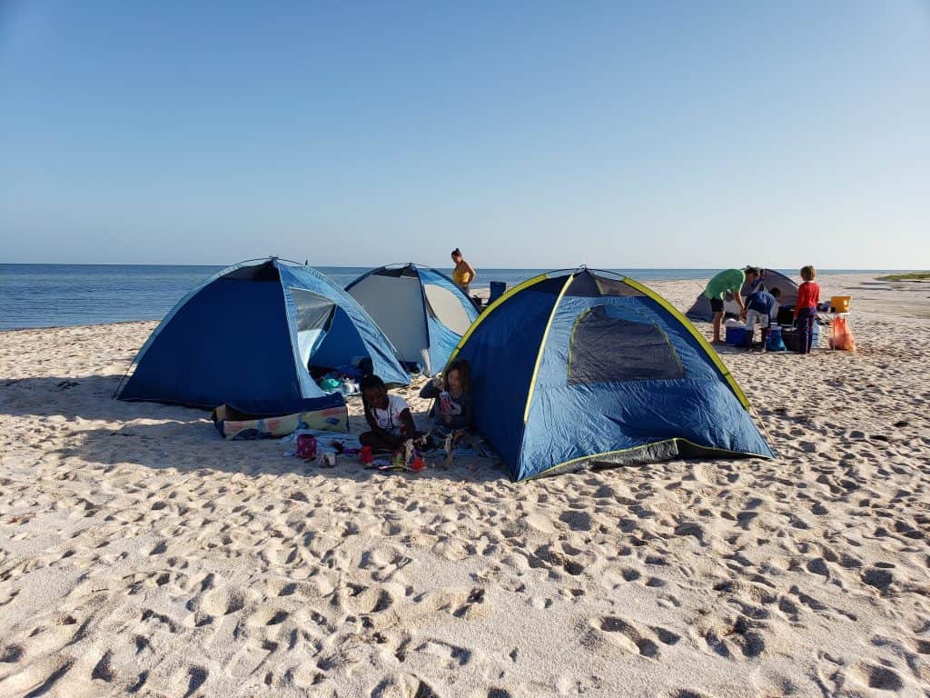 small blue tents on beach