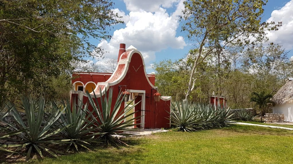 red hacienda entry with agave plants
