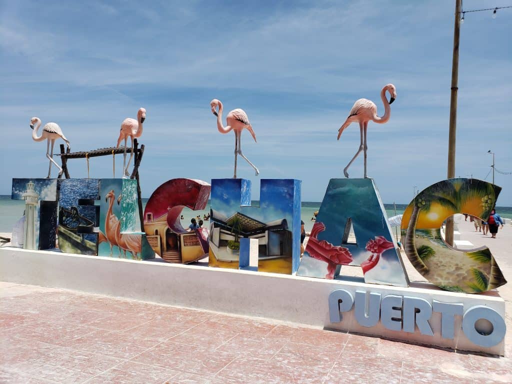 Telchac Puerto letters - fake flamingos on top