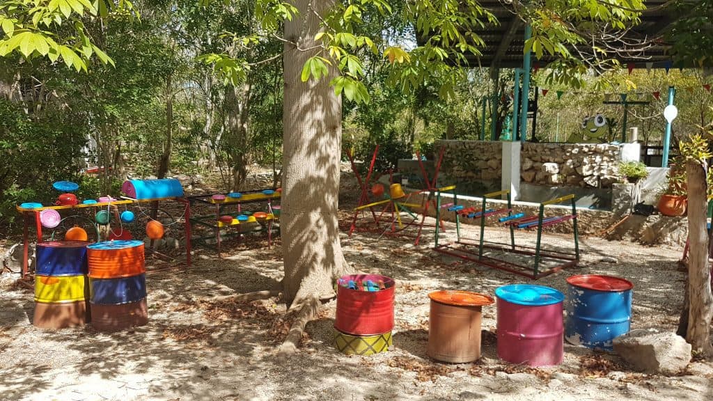 trees and colourful planters