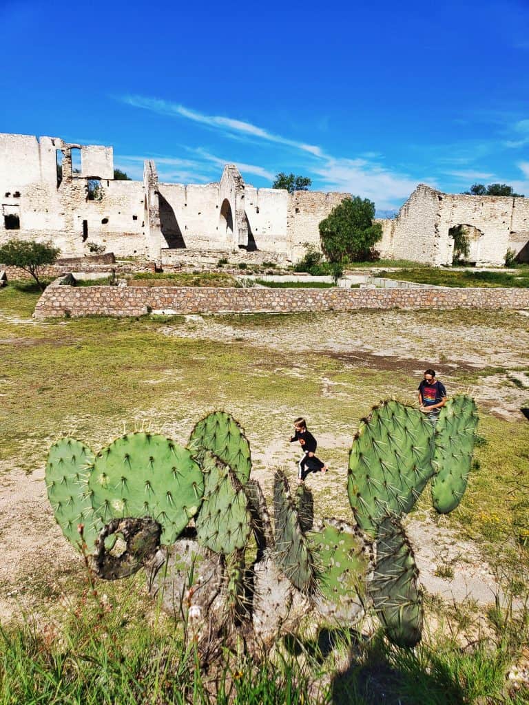 cactus in foreground, ruined buildings in background, man and child running 
