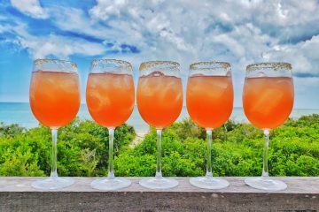 Five wine glasses on a beam filled with red liquid. Bushes and sky behind