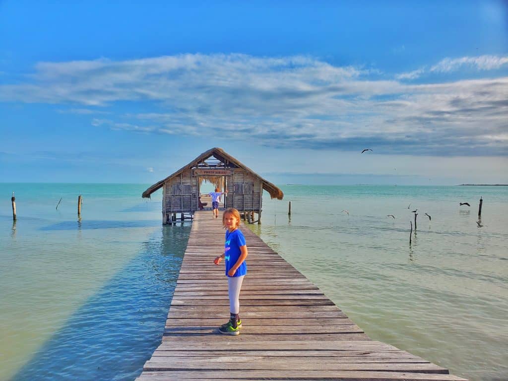 wooden slat pier with basic house structure at end over green watter. Child in blue tshirt near foreground