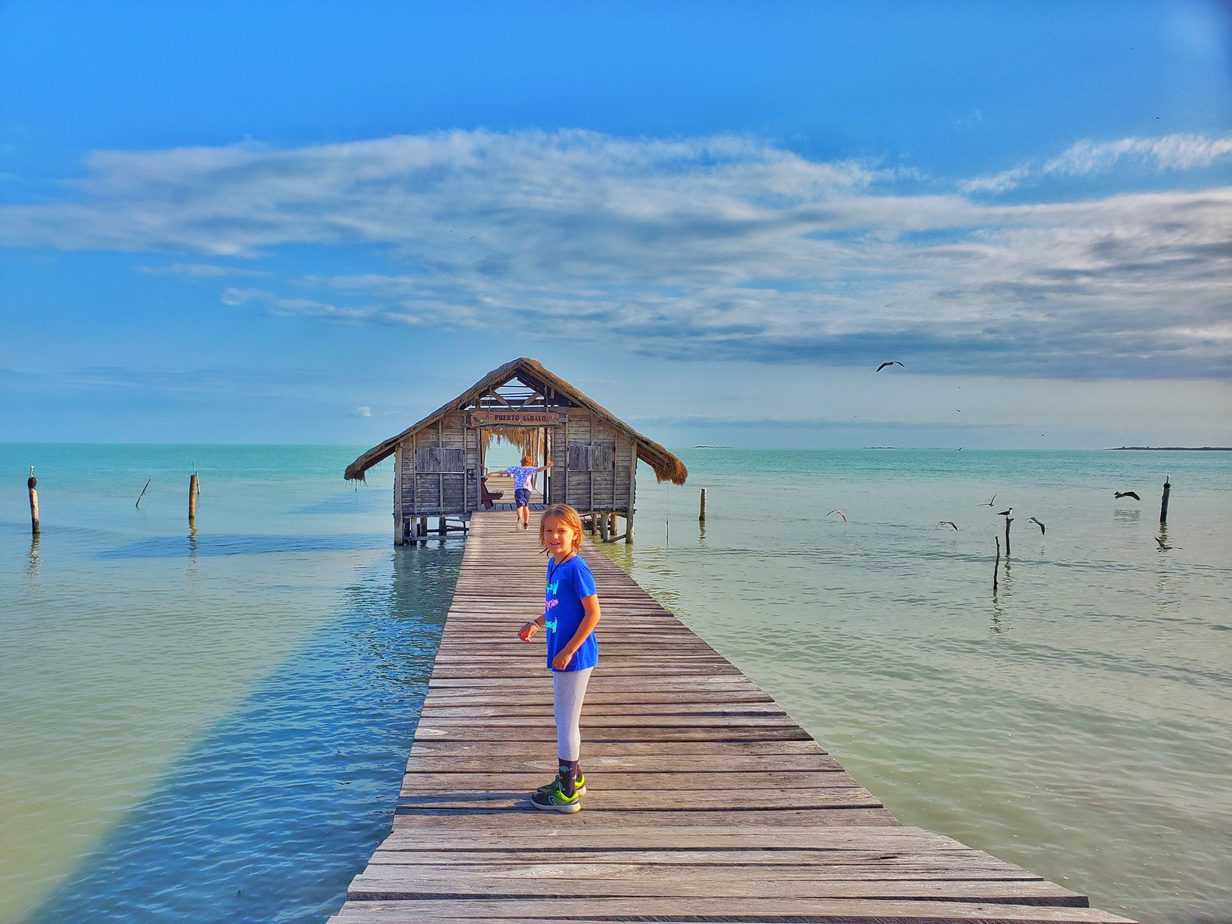 wooden slat pier with basic house structure at end over green watter. Child in blue tshirt near foreground