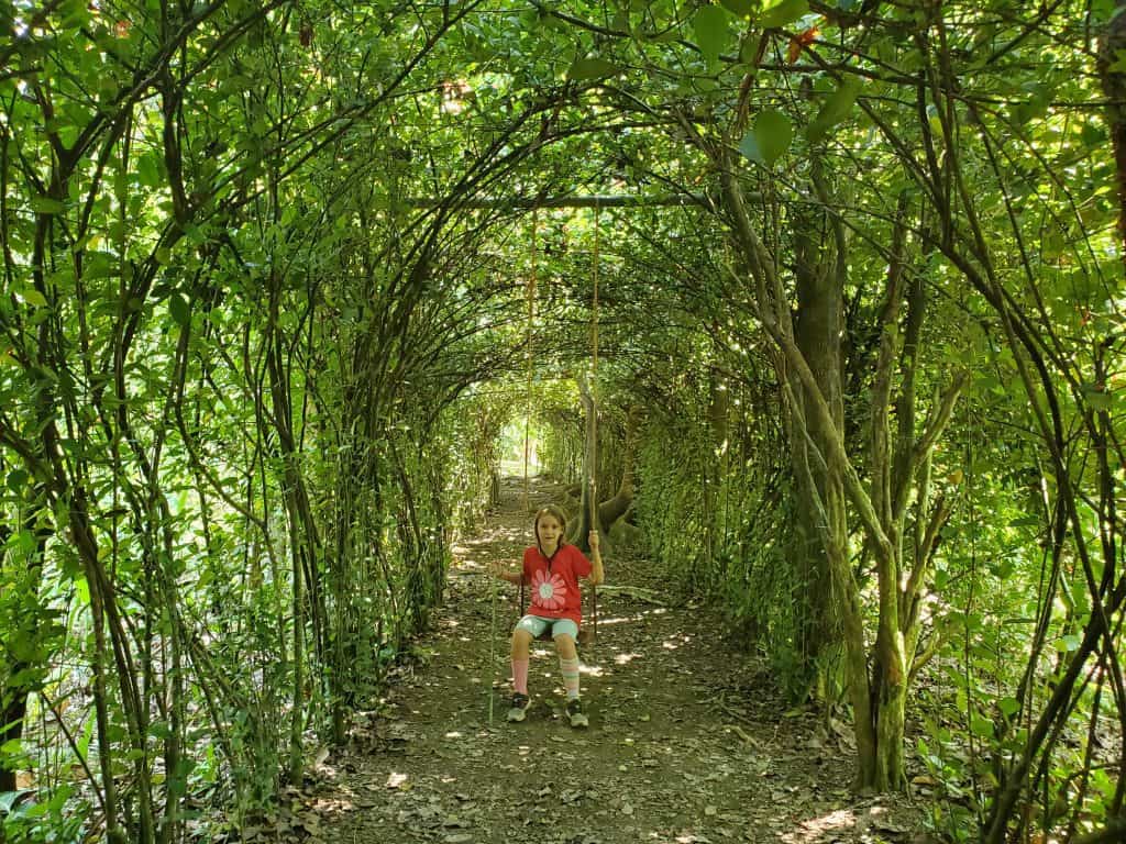 child on a swing in a tunnel of green trees