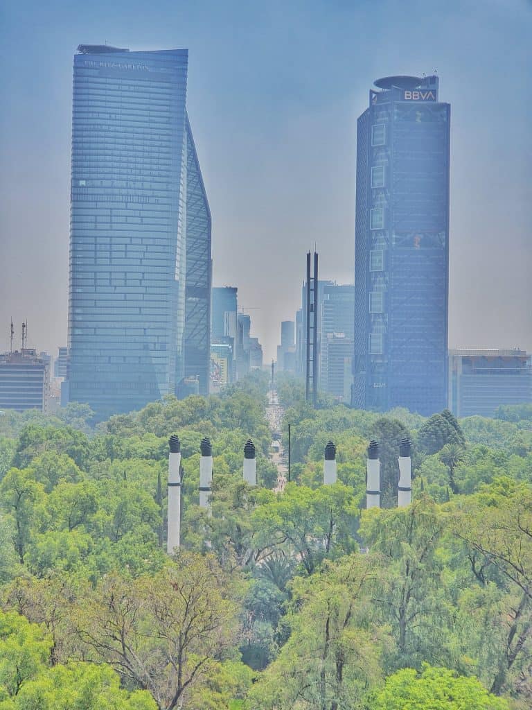 view from the castillo towards reforma- trees in foreground, six posts of a monument stick up then sky scrapers along either side of a road