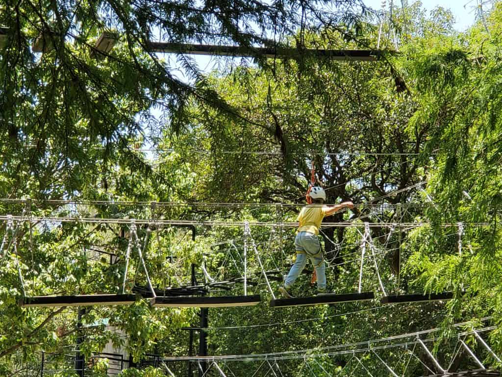 kid in yellow on an aerial walkway in trees