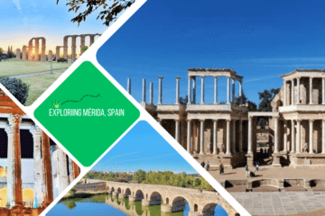 green text box: Exploring Mérida, Spain. 4 photos, 1 of amphitheatre, 1 of roman bridge, 1 of aqueduct and 1 of roman columns