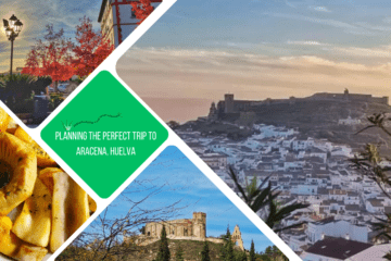 Green text box: planning the perfect trip to Aracena, Huelva- 4 photos - 1 of castle & town at dusk, 1 of castle on hill (blue sky), 1 close up of plate of mushrooms an d1 of plaza at dusk, trees with rerd leaves