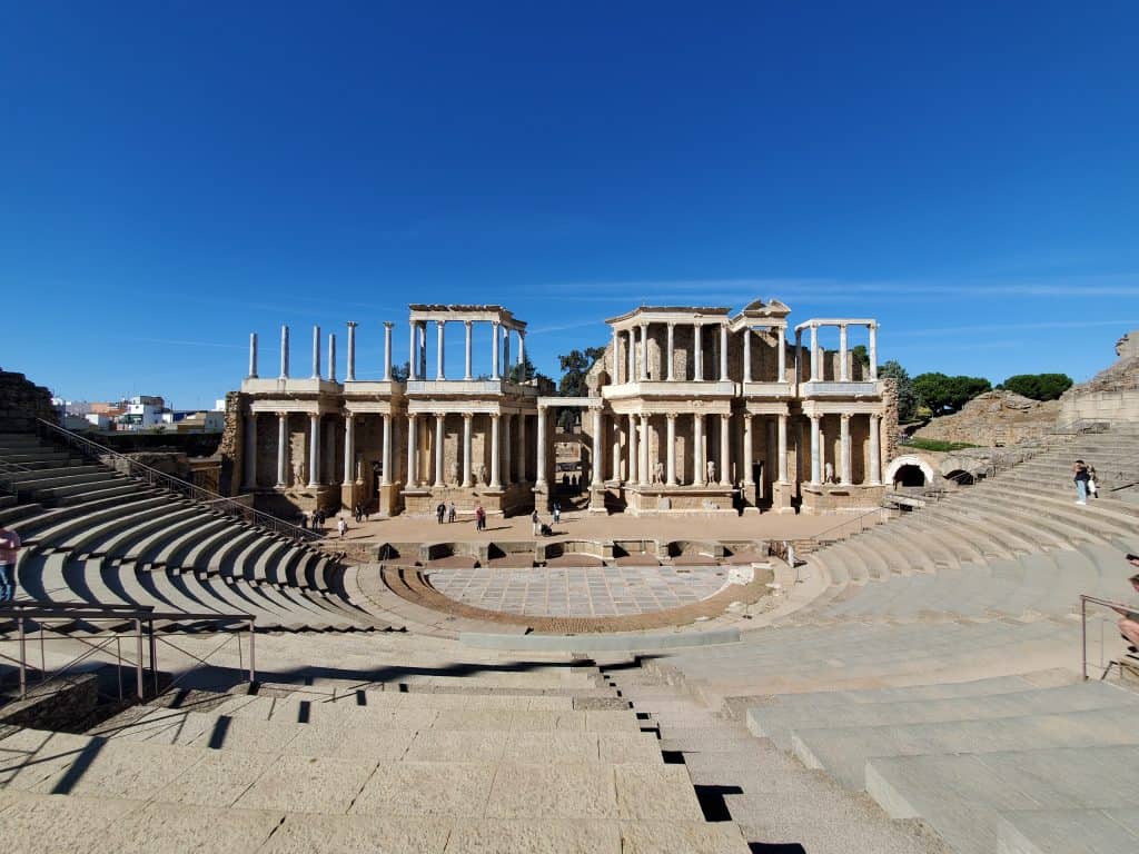 wide angle view of Mérida Roman theatre and seats. Bright blue sky