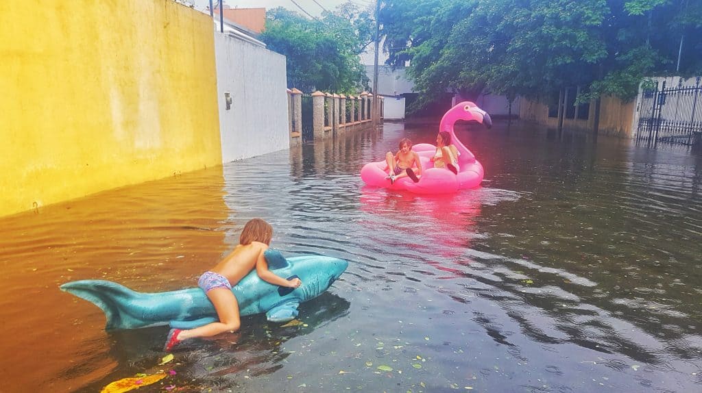 flooded street. family with shark and flamingo floatie 