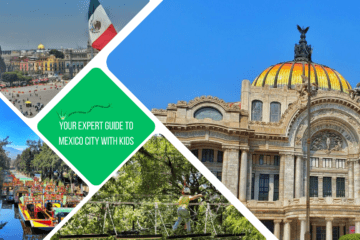 green text box: expert guide to mexico city. 4 photos - 1 of museo de bellas artes, 1 of kid on aerial walk way, 1 of mexican flag flying on zocalo and 1 of xochimilco boats