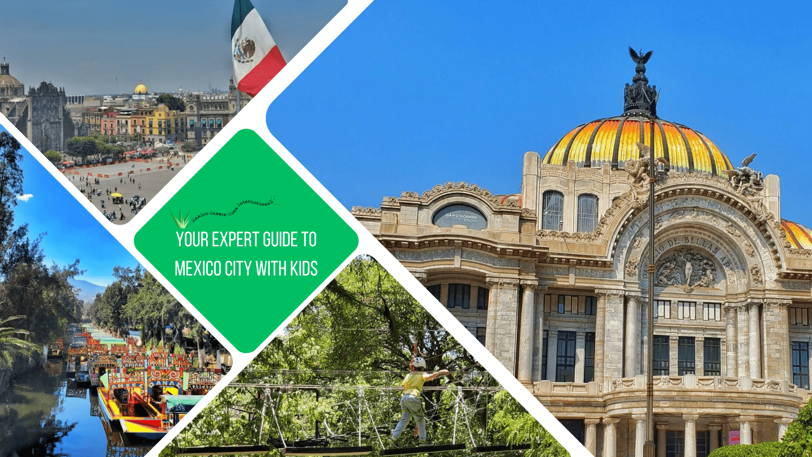 green text box: expert guide to mexico city. 4 photos - 1 of museo de bellas artes, 1 of kid on aerial walk way, 1 of mexican flag flying on zocalo and 1 of xochimilco boats