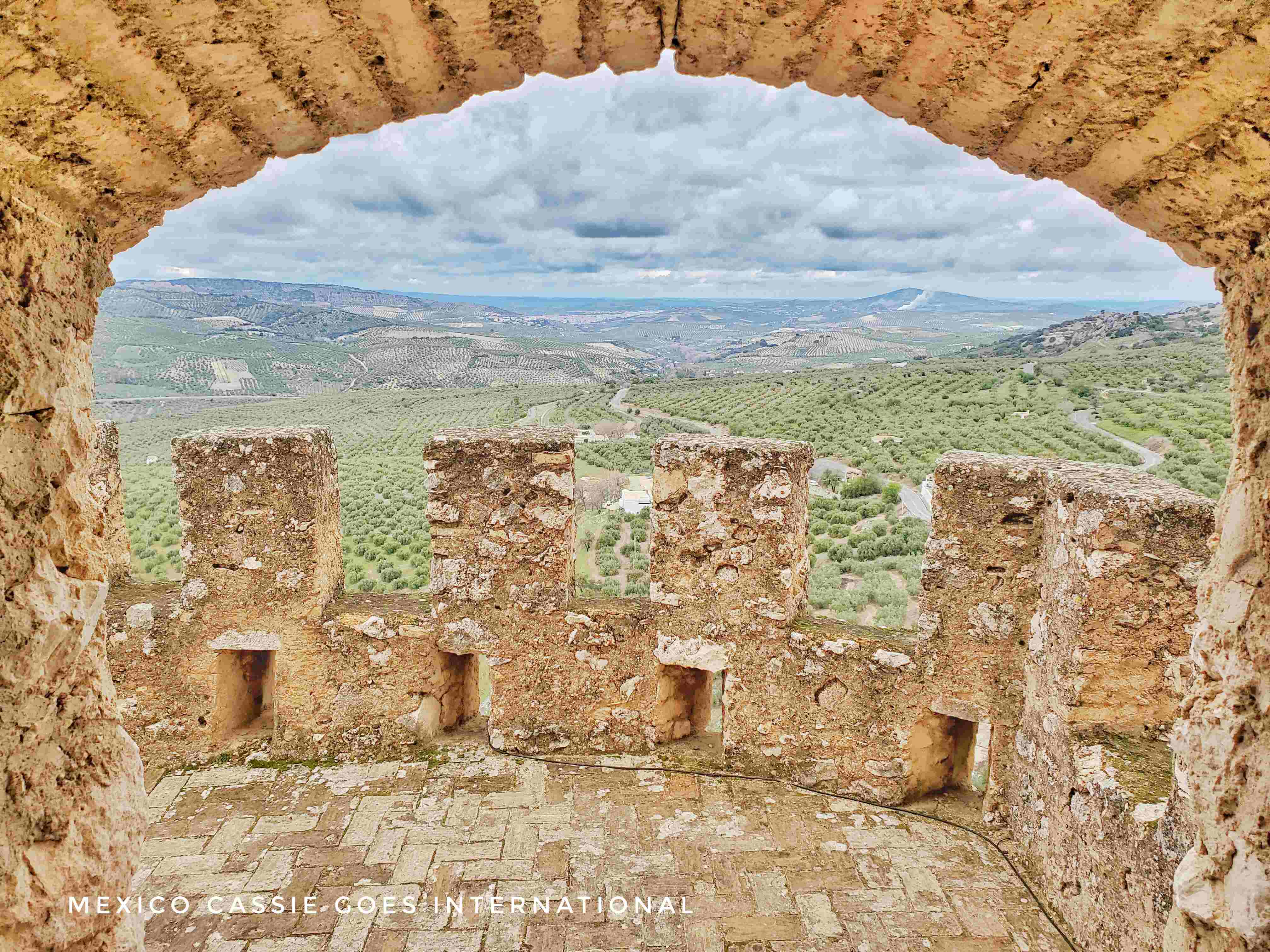 view through a castle window (no glass) over olive fields