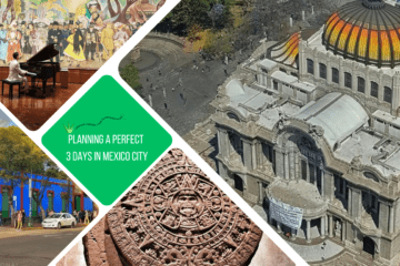 green text box: planning a perfect 3 days in mexico city. 4 photos. 1 of palacio de bellas artes from above, 1 of aztec calendar, 1 of person playing piano in front of a diegro rivera mural and 1 of outside of frida kahlo's blue house