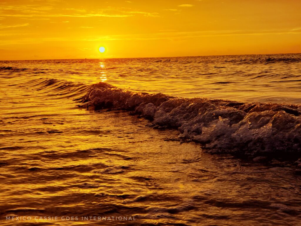 deep orange sunset over gently breaking wave