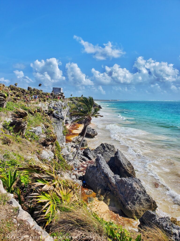things to do with kids in cancun: visit tulum ruins. view of ruins of the distance. blue sea to right, rocks, palms. ruin in distance