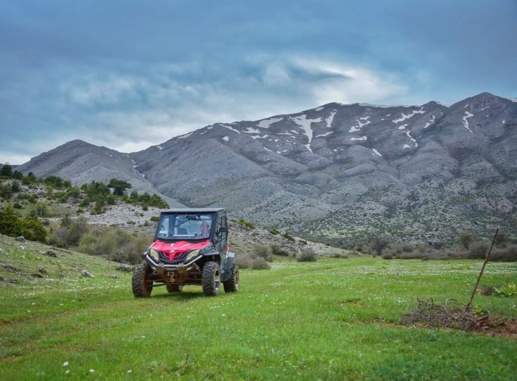 Mountains in background. Single roofed red ATV standing on grass in foreground