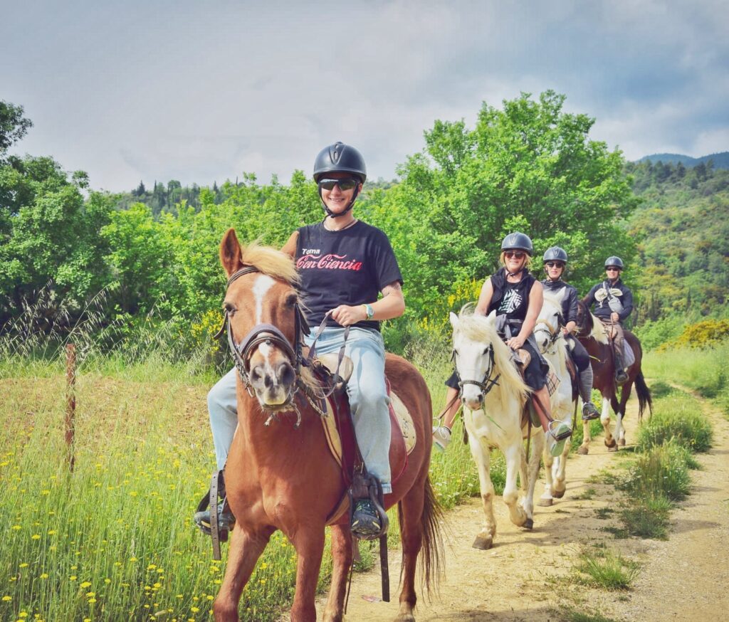 Four people in a line, riding horses. Cassie in front on a chestnut horse