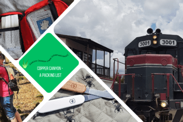 green text box: copper canyon, a packing list. 4 photos, one of an old stlye train, 1 of 2 knives, 1 of cass hugging a tree, 1 of a red first aid kit