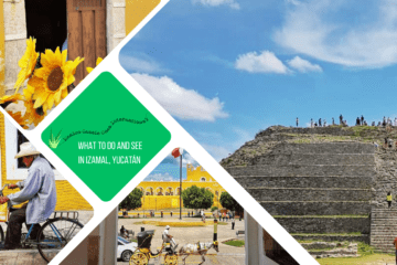 green text box: what to do and see in Izamal, Yucatán. 4 photos of Izmal, 1 of pyramid with people on it, 1 of yellow convent, 1 of man on bike by yellow wall and one of sunflower by yellow wall