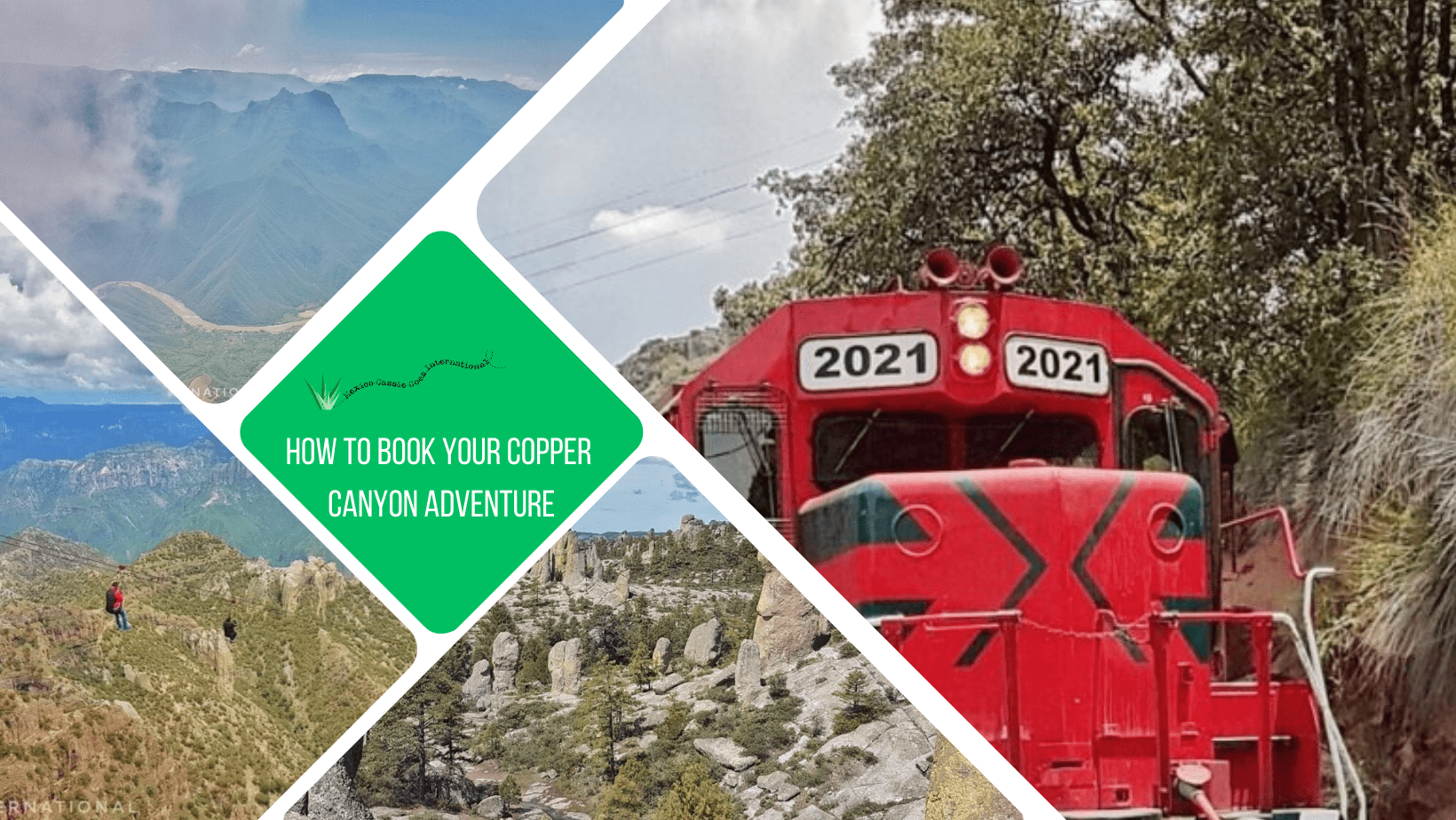 green text box: how to book your copper canyon adventure 4 photos -. 1 close up of old red train engine car, 3 nature shots of the canyon