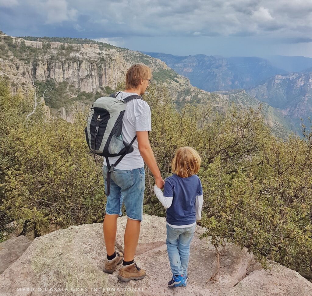man with rucksack on back holding hand of boy. both looking out over deep canyon