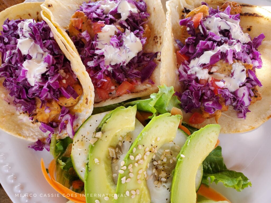 fish tacos with red cabbage and avocado