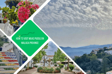 green text box: "How to visit Mijas Pueblo in Malaga Province". 4 photos of Mijas - 1 view over to sea, 1 of fountain on plaza, 1 of colourful steps, 1 of flower pots on wall