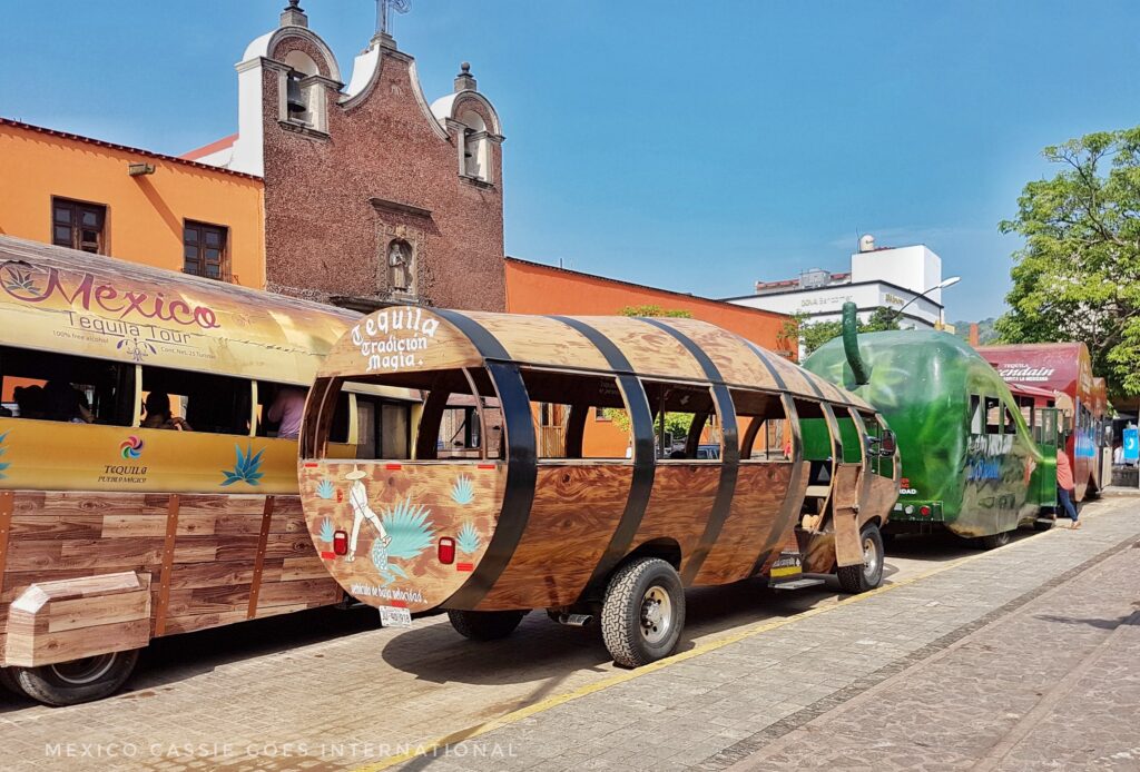 novelty buses parked outside a church - barrel shaped buses