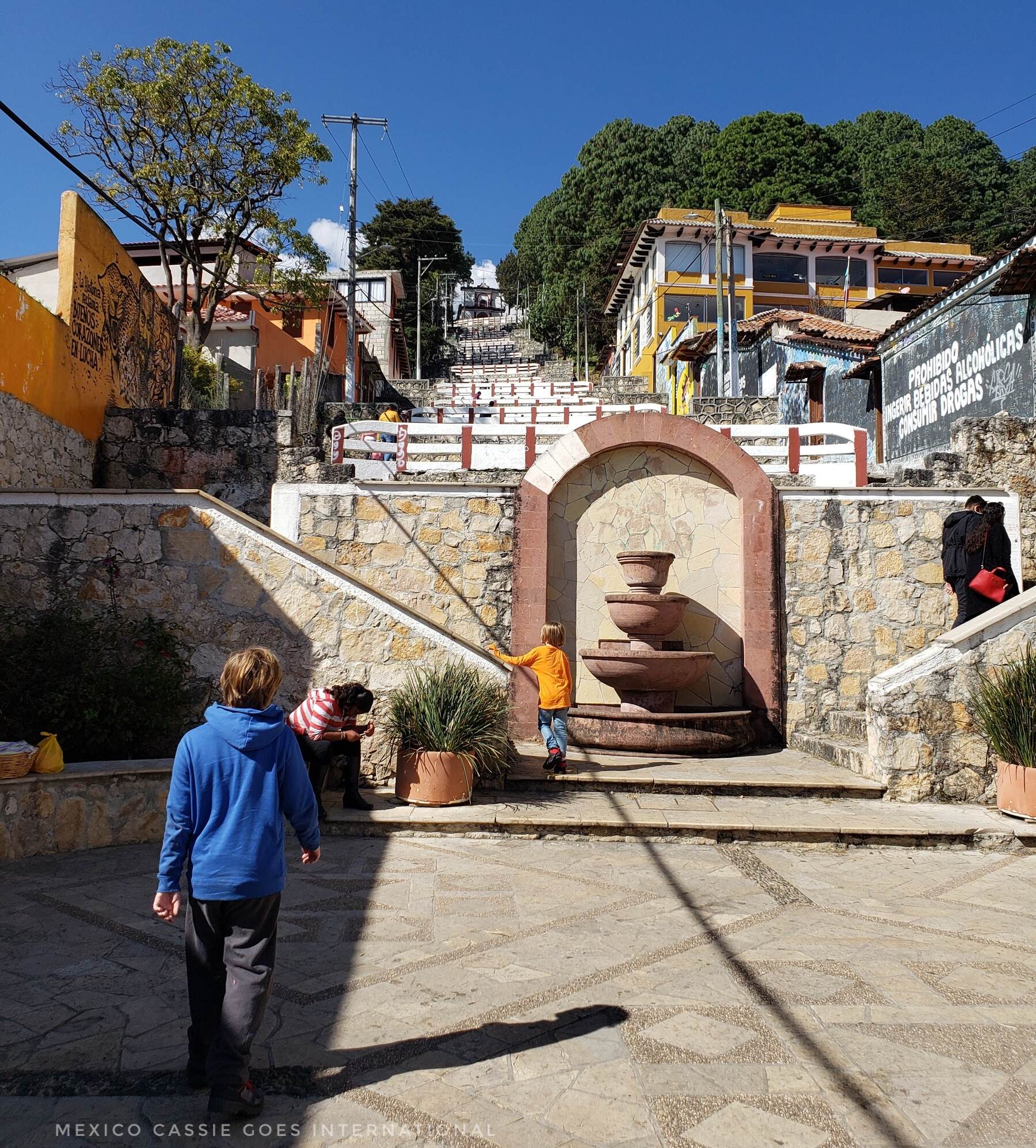 boy in blue hoodie looking up at steep white steps. fountain against wall in front of him, church at top of steps
