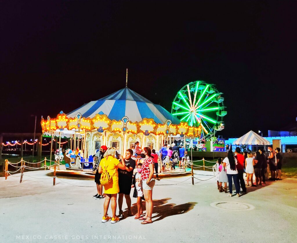 night scene. carousel (blue and white tent roof and yellow stars around top), green ferris while behind it. small groups of people standing around.