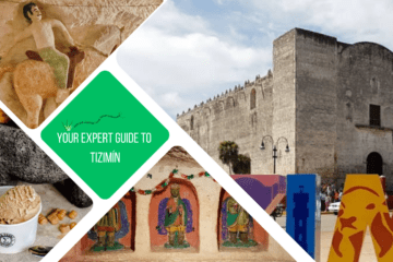 green text box: your expert guide to tizimín. 4 photos - 1 of tizimin church, 2 of the catacombs and 1 of an ice cream pot