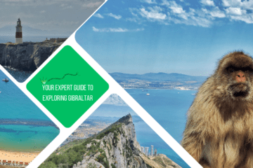 green text box: your expert guide to exploring gibraltar. 4 photos 1 of a monkey staring right at camera, 1 of rock of gibraltar, 1 looking down on beach and blue sea, 1 of a lighthouse on a cloudy day
