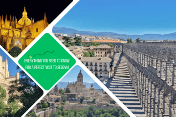 Green text box: everything you need to know for a perfect visit to Segovia. 4 photos - 1 of aqueduct, 1 of sky line 1 of cathedral at night and 1 of alcazar looking like a disney castle